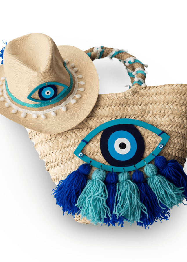 Evil Eye Straw Beach Bag and Hat