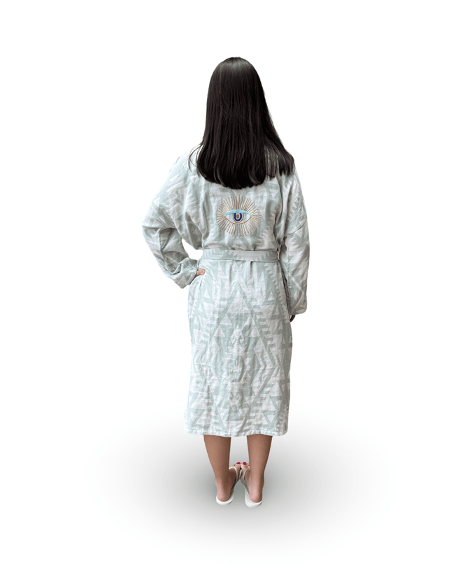 Green Geometric Robe with Evil Eye Embroidery