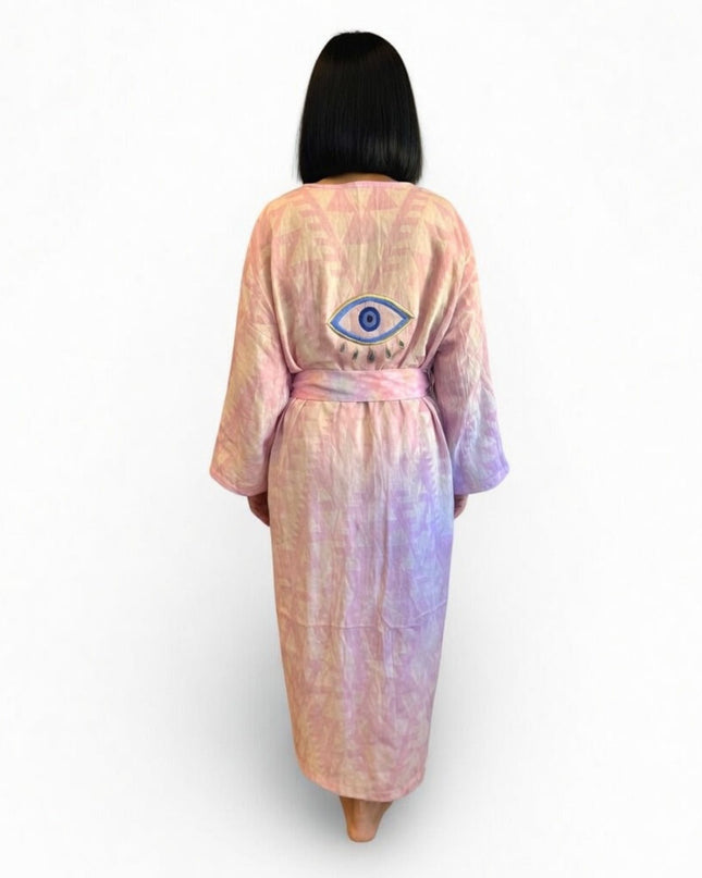 Casa Duniya Evil Eye Embroidered Beach Cover-Ups Pink Ohana Kimono