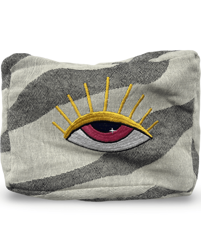 Gray Cosmetic Pouch with Evil Eye Nazar Embroidery