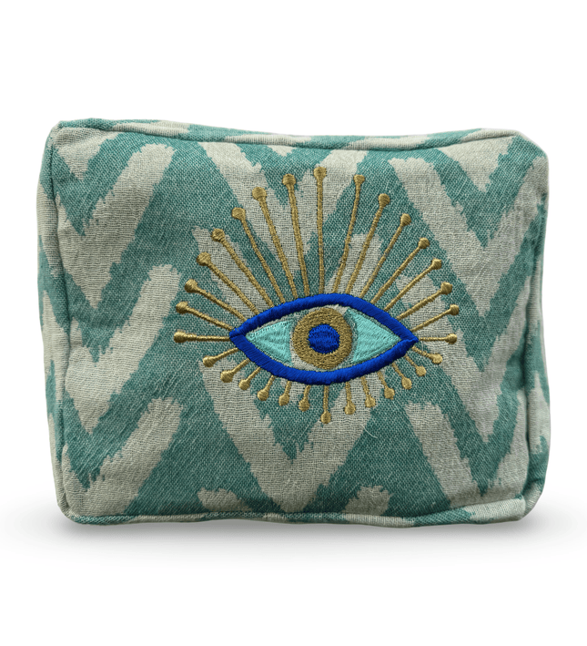 Casa Duniya Hand-Embroidered Evil Eye Cosmetic Pouch Teal Ohana Cosmetic Pouch