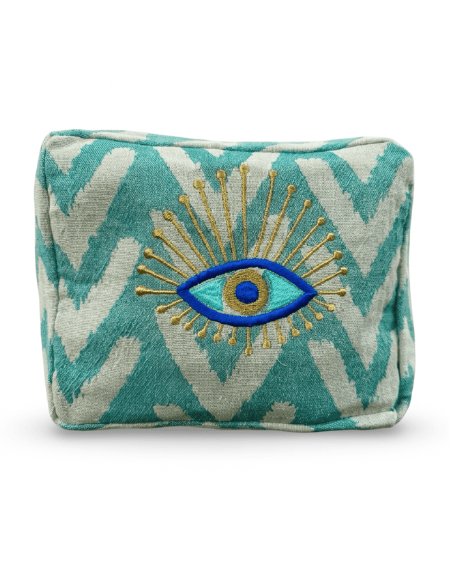 Casa Duniya Hand-Embroidered Sun Motif Cosmetic Pouch Teal Ohana Cosmetic Pouch