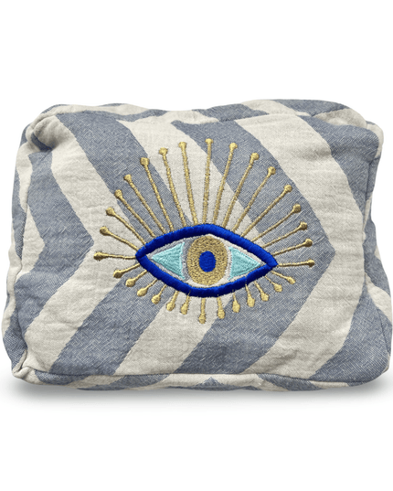 Blue and White Embroidered Evil Eye Cosmetic Pouch