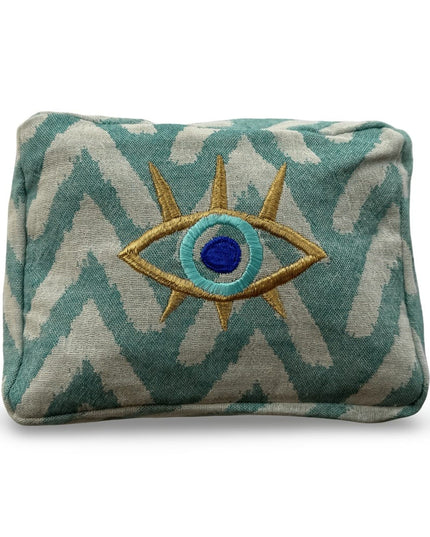Casa Duniya Hand-Embroidered Evil Eye Cosmetic Pouch Teal, Design 4, Ohana Cosmetic Pouch