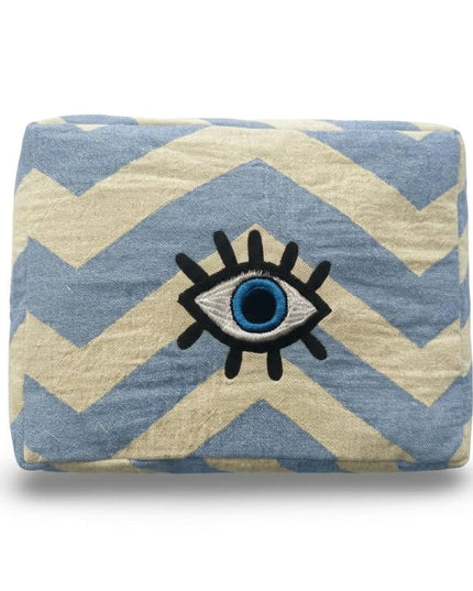 Casa Duniya Hand-Embroidered Evil Eye Cosmetic Pouch Styled Blue Ohana Cosmetic Pouch