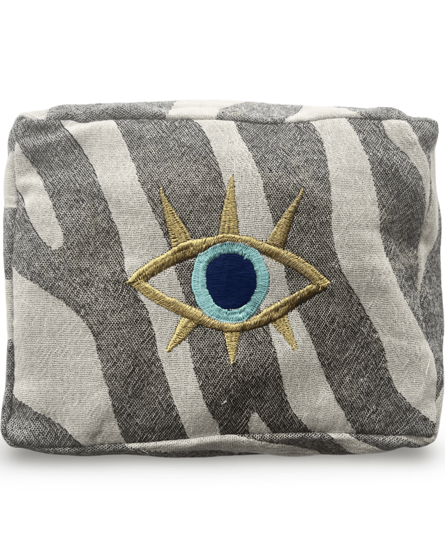 Gray Cosmetic Pouch with Evil Eye Nazar Embroidery