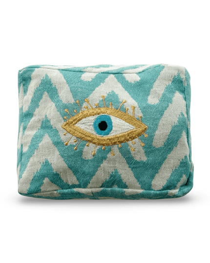 Casa Duniya Hand-Embroidered Evil Eye Cosmetic Pouch Styled Teal Ohana Cosmetic Pouch