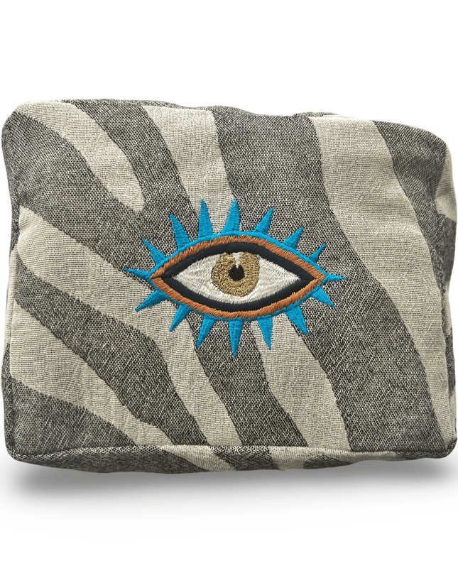 Gray Cosmetic Pouch with Evil Eye Nazar Embroidery