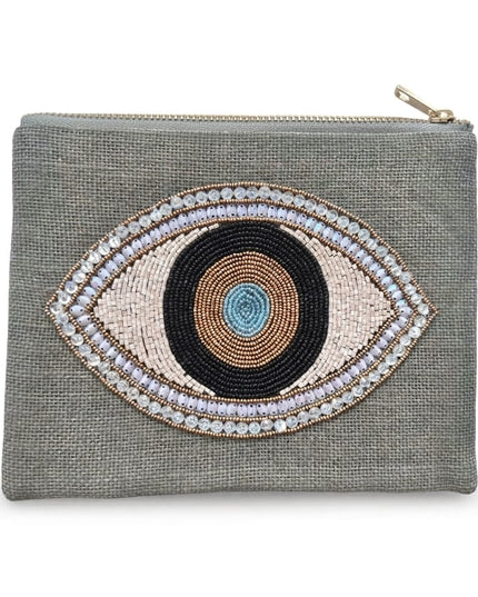 Casa Duniya Hand-Beaded Evil Eye Jute Pouch Gray Manika Pouches