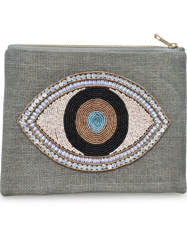 Casa Duniya Hand-Beaded Evil Eye Jute Pouch Gray Manika Pouches