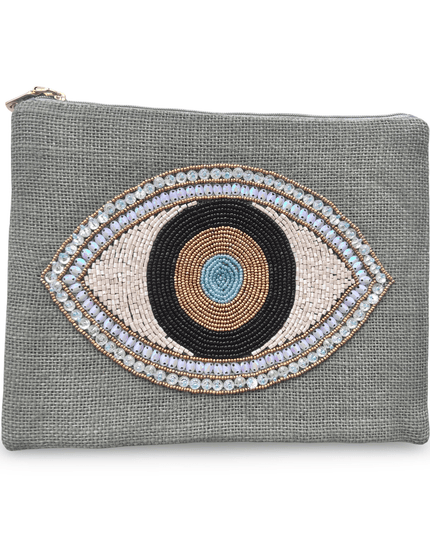 Gray Jute Beaded Evil Eye Pouch