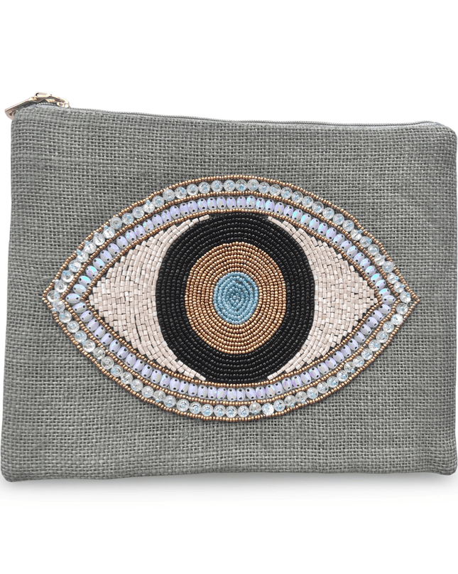 Gray Jute Beaded Evil Eye Pouch