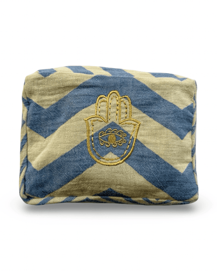 Casa Duniya Hand-Embroidered Evil Eye Cosmetic Pouch Embroidery Detail Blue Ohana Cosmetic Pouch