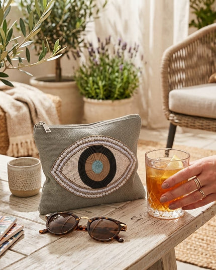 Casa Duniya Hand-Beaded Evil Eye Jute Pouch Detail Manika Pouches