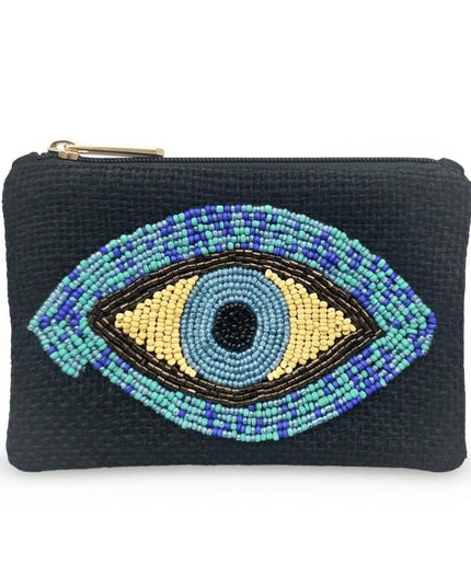 Manika black beaded evil eye pouch with zipper on a white background
