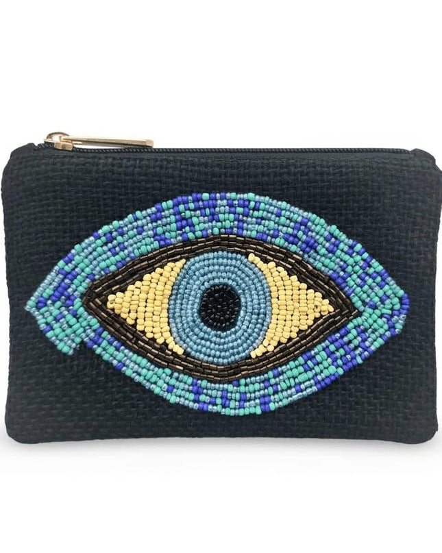 Manika black beaded evil eye pouch with zipper on a white background