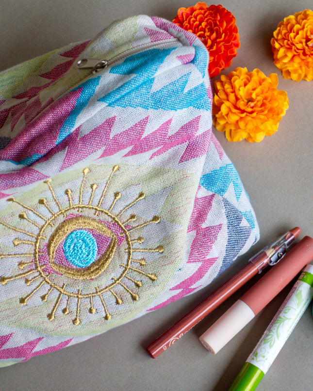 Multi-Colored Cosmetic Pouch with Evil Eye Embroidery