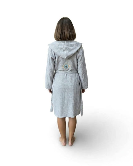 Gray cotton robe hand-embroidered with evil eye motif, Casa Duniya