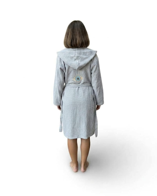 Gray cotton robe hand-embroidered with evil eye motif, Casa Duniya