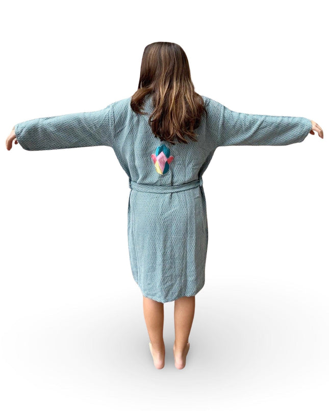 Teal Robe with Hamsa Embroidery