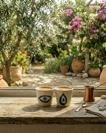 Zara white porcelain espresso cup with a hand-painted blue and gold evil eye, made in Jordan