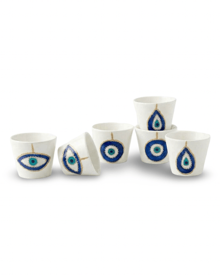 Zara white porcelain espresso cups hand-painted with blue and gold evil eyes, set of 6