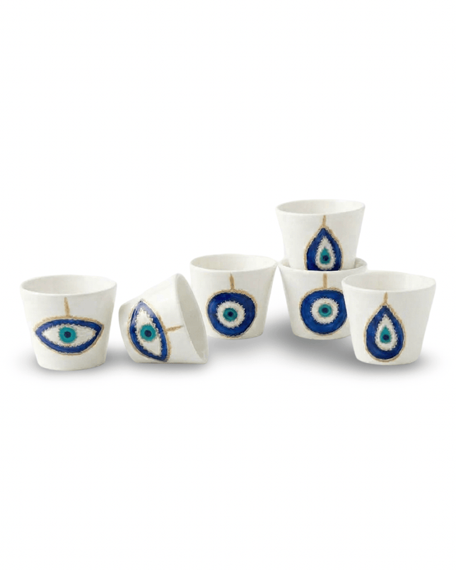 Zara white porcelain espresso cups hand-painted with blue and gold evil eyes, set of 6