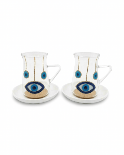 Neela tea glass set, three hand-painted evil eye designs on clear glass cups