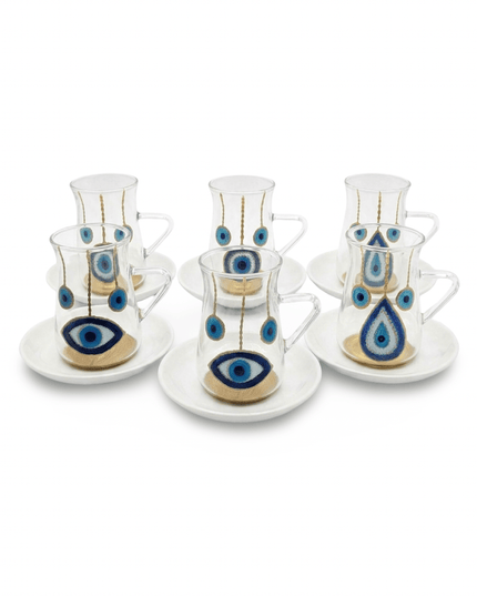 Neela evil eye tea glass set with handles and white porcelain saucers, hand-painted in blue and gold
