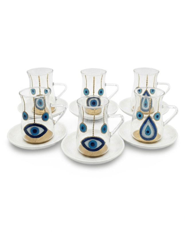 Neela evil eye tea glass set with handles and white porcelain saucers, hand-painted in blue and gold