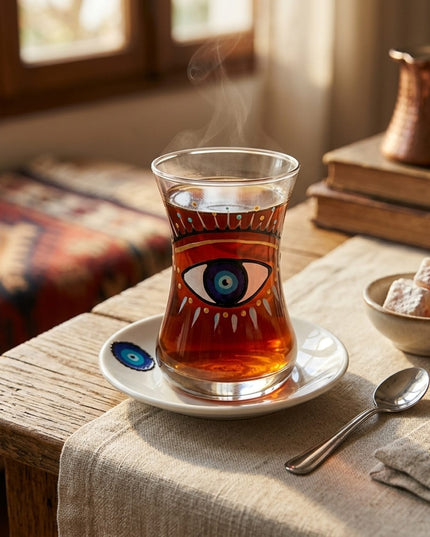 Big Eye Nazar teacup filled with tea on a saucer on a wooden table