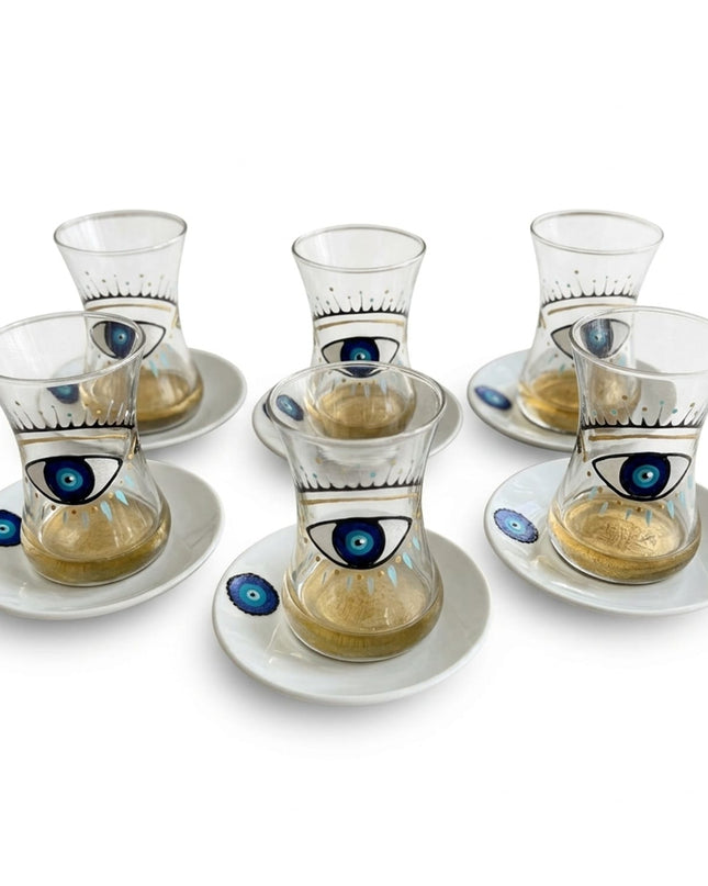 Set of 6 Big Eye Nazar teacups with saucers on a white background