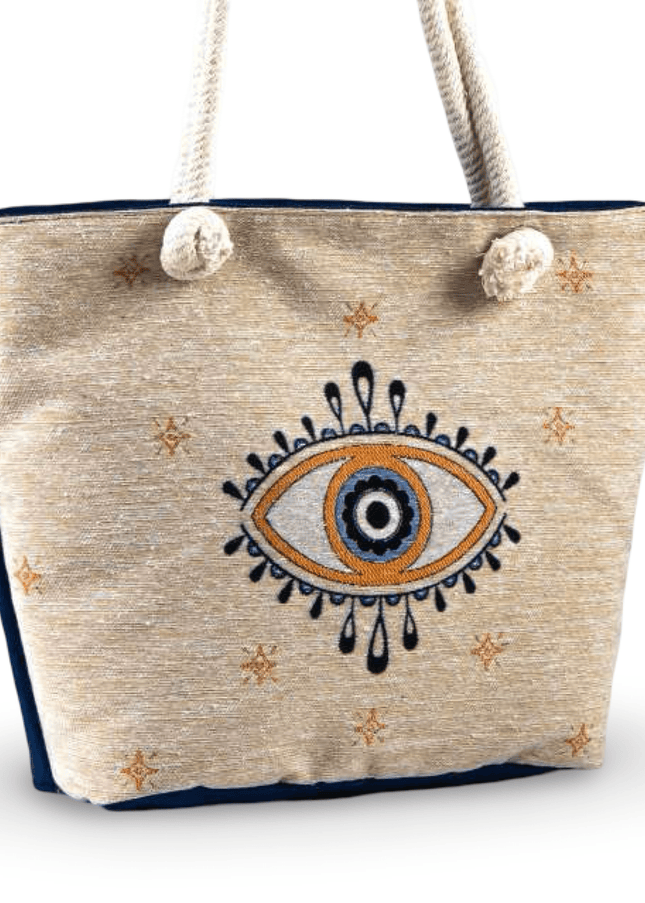 Beige Canvas Tote Bag with Evil Eye Design and Rope Handles