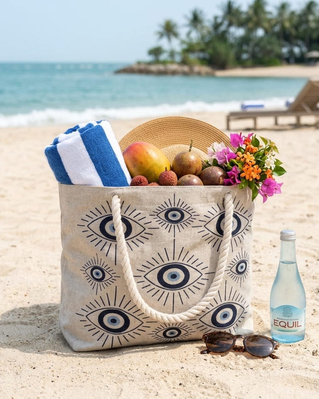 Casa Duniya Evil Eye Embroidered Canvas Tote Beige on the Beach Filled with Essentials Damascus Evil Eye Canvas Beach Bag