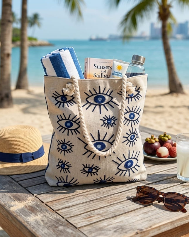 Casa Duniya Evil Eye Embroidered Canvas Tote Beige on a Beach Mat Faria Evil Eye Canvas Beach Bag