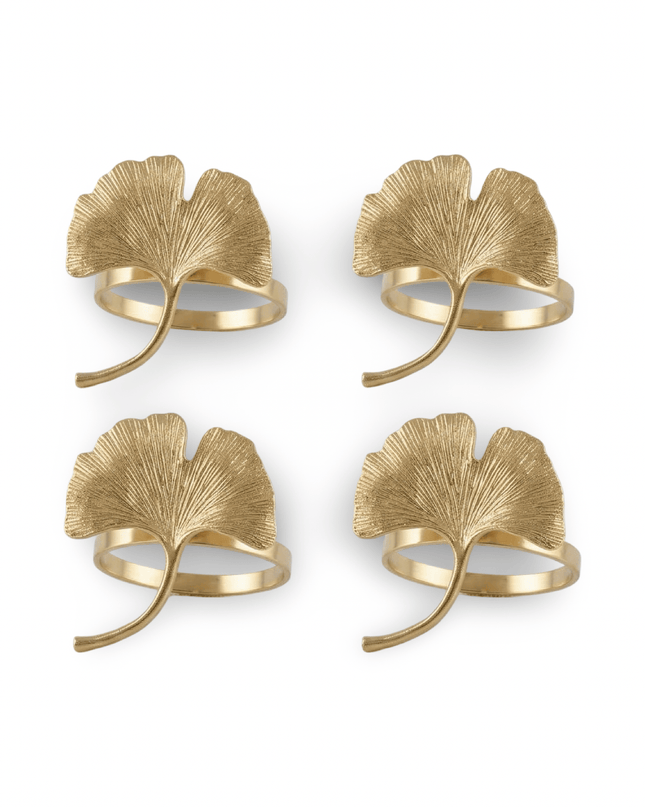 Set of four gold ginkgo leaf napkin rings, the Oketi Napkin Ring set