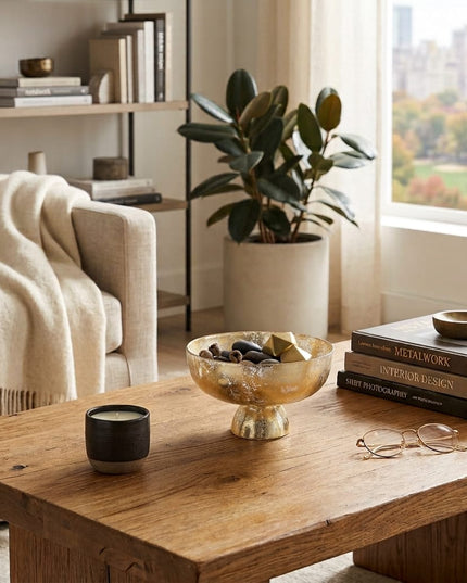 Mayura Gold Pedestal Bowl, styled view