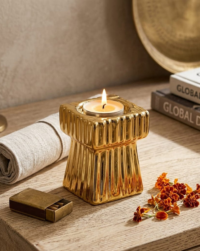 Casa Duniya Gold Fluted Ceramic Tealight Holder Detail Minar Candle Holder