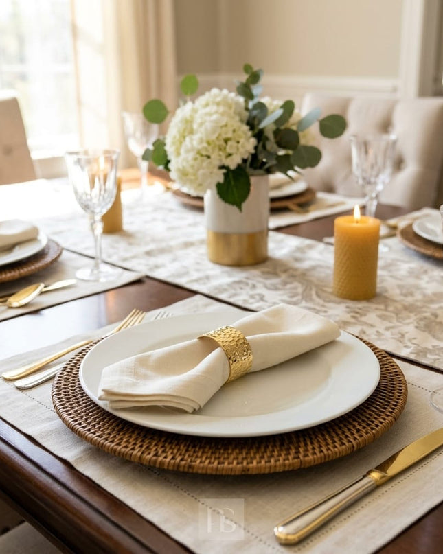 Casa Duniya Gold Napkin Ring Table Setting with White Napkin Dayra Napkin Ring