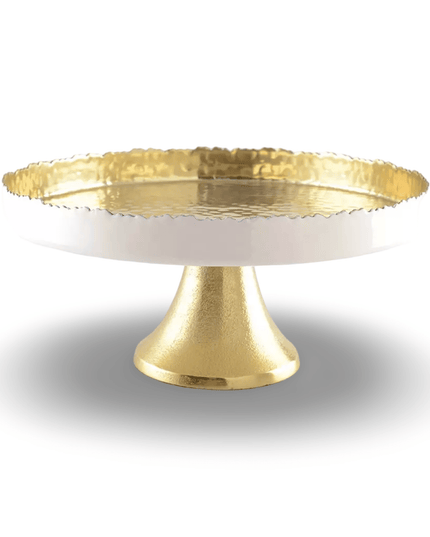 Gold cake stand with textured top and solid base on a white background