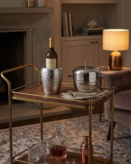 Casa Duniya Hammered Silver Ice Bucket and Wine Cooler Set on a Bar Cart Taara Collection