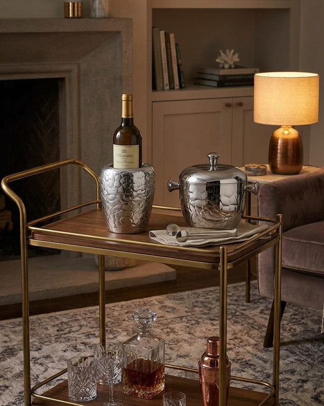 Casa Duniya Hammered Silver Ice Bucket and Wine Cooler Set on a Bar Cart Taara Collection