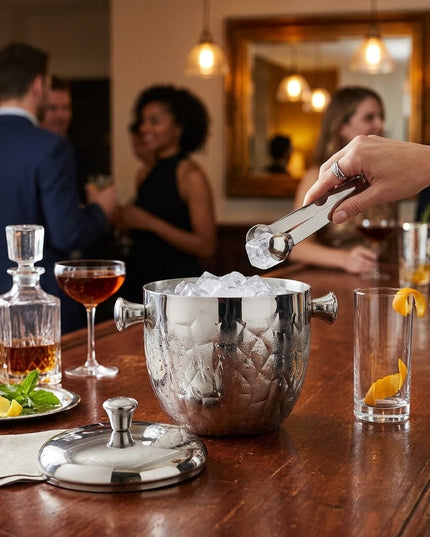 Casa Duniya Hammered Silver Ice Bucket with Lid Off and Tongs Picking Up Ice Taara Ice Bucket with Tongs and Cover