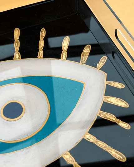 Casa Duniya Hand-Painted Acrylic Tray Detail, Gold & Black Evil Eye Design