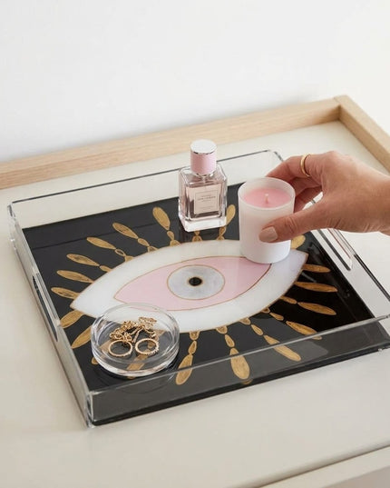 Casa Duniya Hand-Painted Acrylic Tray Styled, Evil Eye Design