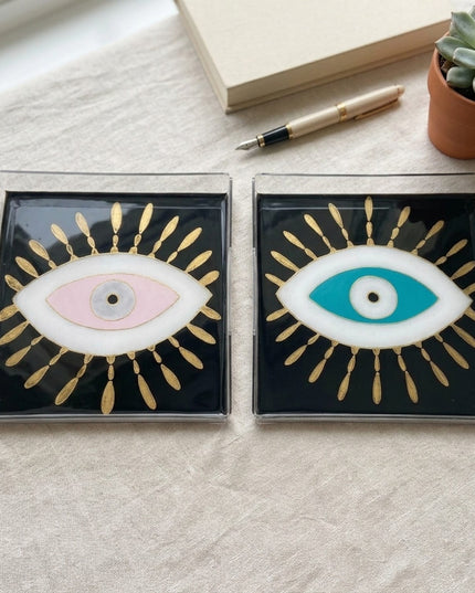 Casa Duniya Hand-Painted Acrylic Tray Detail, Evil Eye Design