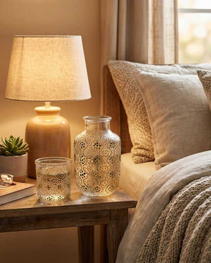 Chandni hand-painted water bottle and glass on a bedside table