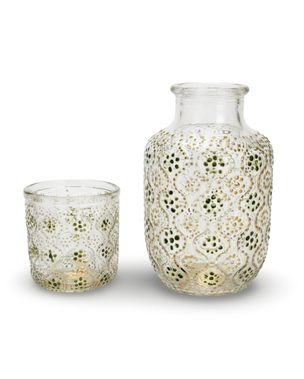 Chandni hand-painted bedside water bottle with matching glass, gold and colored dot pattern