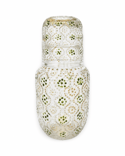 Chandni hand-painted bedside water bottle with glass in Green