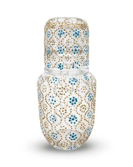 Chandni hand-painted bedside water bottle with glass in Turquoise